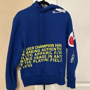 Champion Royal Blue Hoodie with Neon Yellow Text